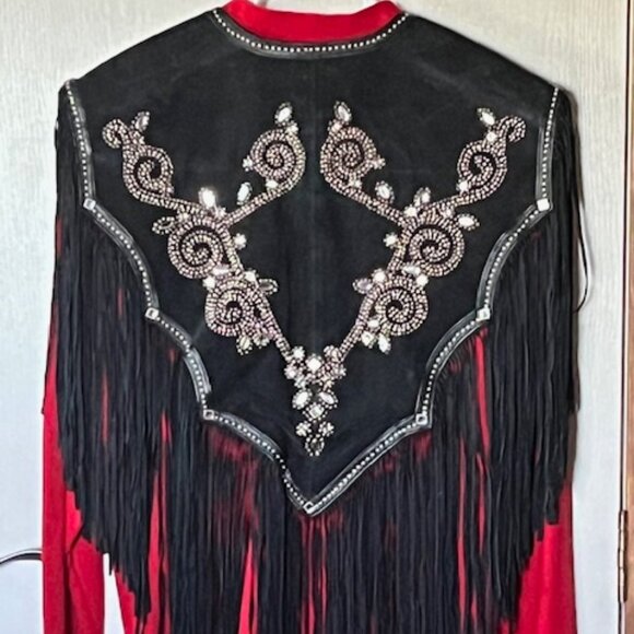 Western Black Leather Shawl with Fringe, Silver Studding and Clear Rhinestones - Picture 2 of 15
